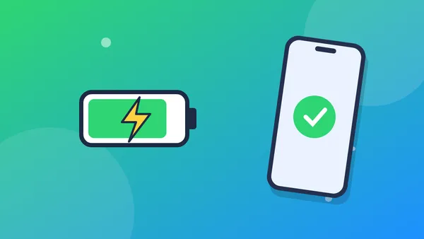 Illustration of a fully charged battery next to an Android phone with a green check mark