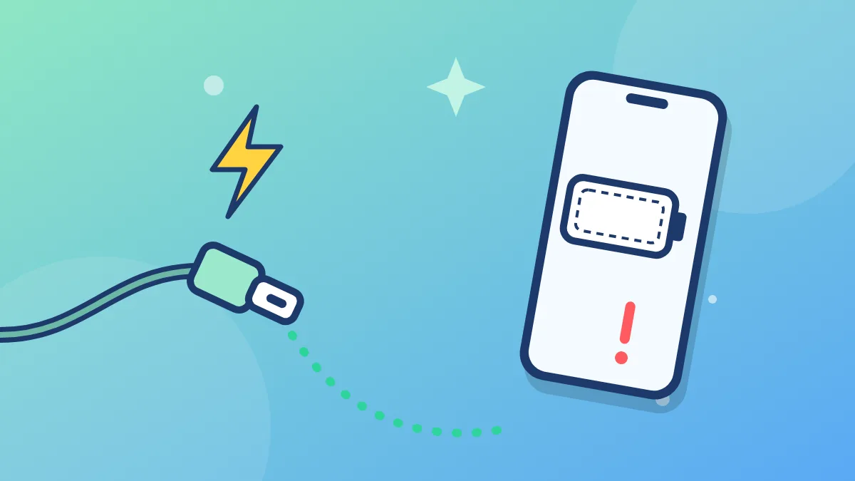 Illustration of a smartphone showing an empty battery and a warning mark, with a USB-C cable plug and a lightning bolt beside it