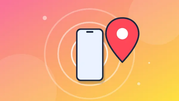 Illustration of a phone surrounded by radar rings with a red map pin