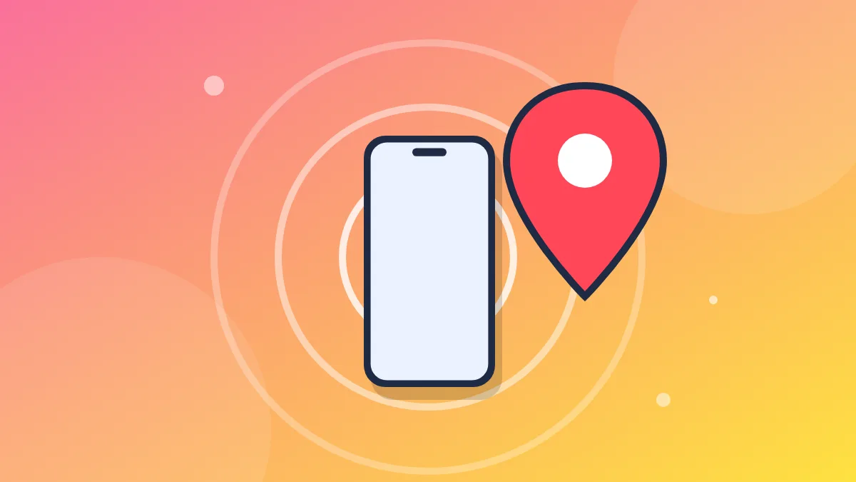 Illustration of a phone surrounded by radar rings with a red map pin
