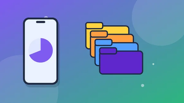 Illustration of a phone showing a storage pie chart beside a stack of colorful folders