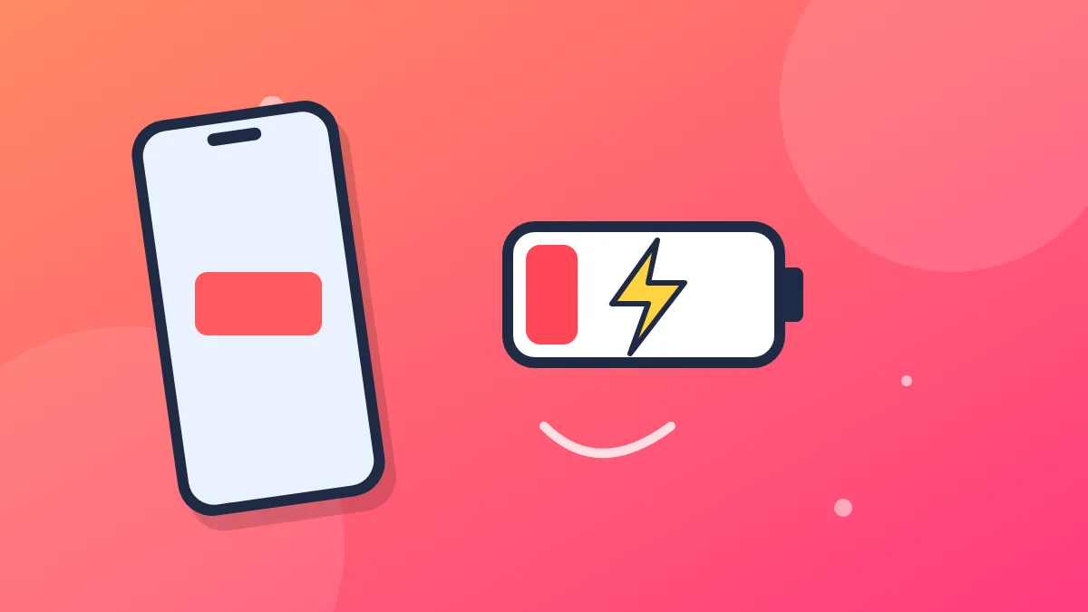 Illustration of a smartphone next to a nearly empty battery with a lightning bolt